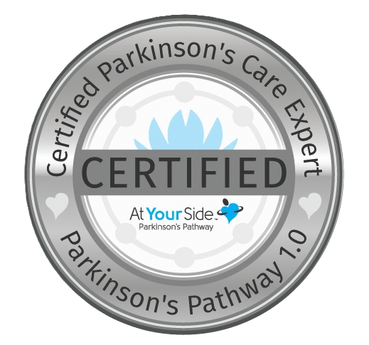 Certified badge indicating a Parkinson's care expert certification from Your Side's Parkinson's Pathway 1.0