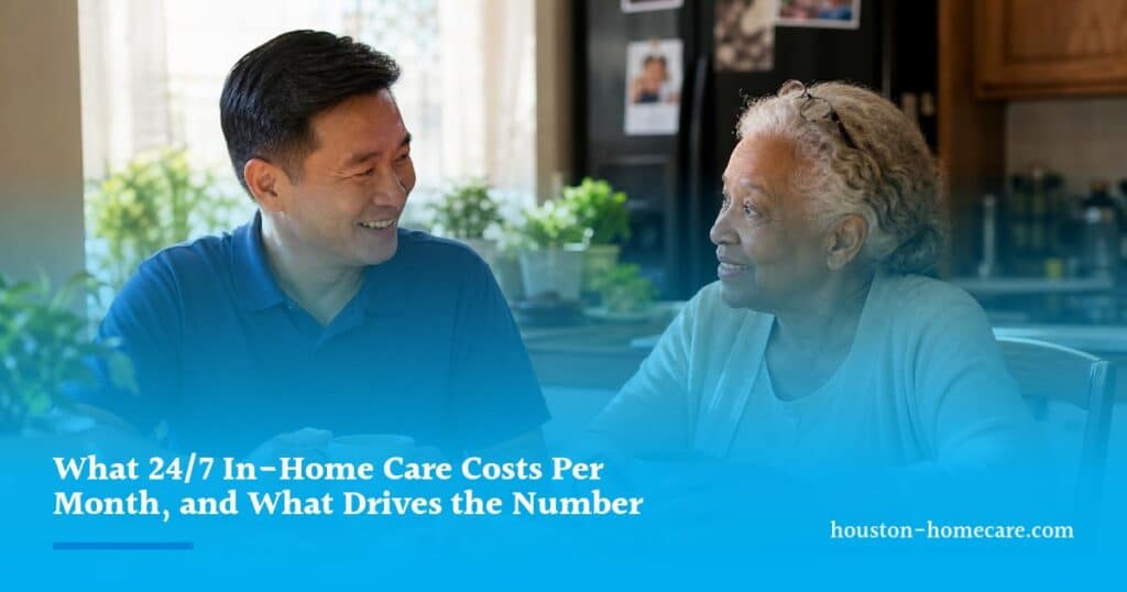 A caregiver and an older woman share coffee and laugh together at a sunny kitchen table at home.