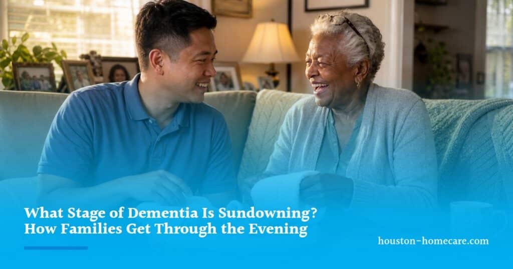 A caregiver and an older woman fold towels and laugh together on a sofa in warm evening light at home.